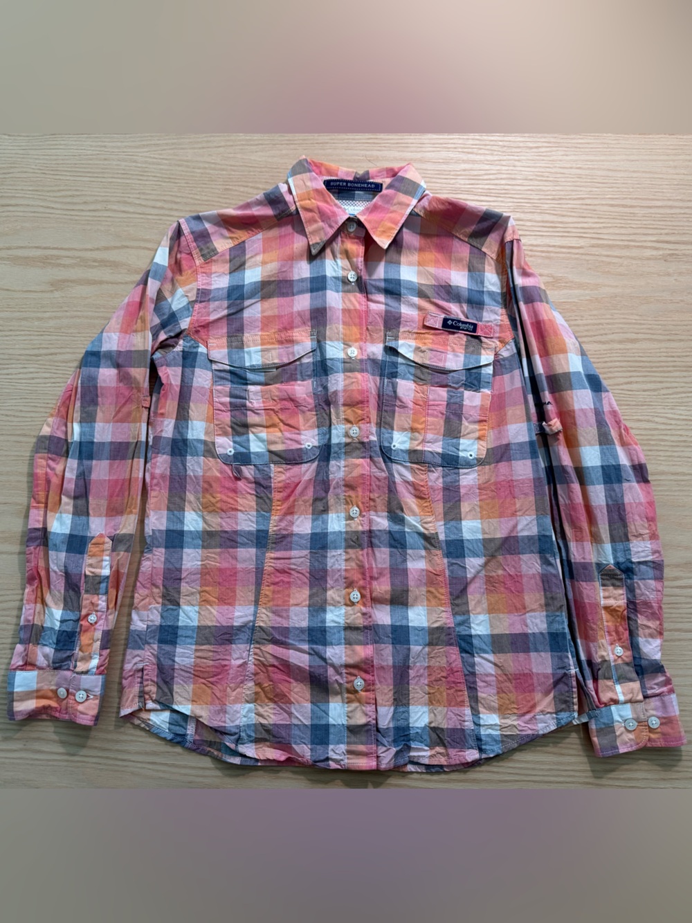 Columbia Pink, Orange & Gray Plaid Button-Up Shirt